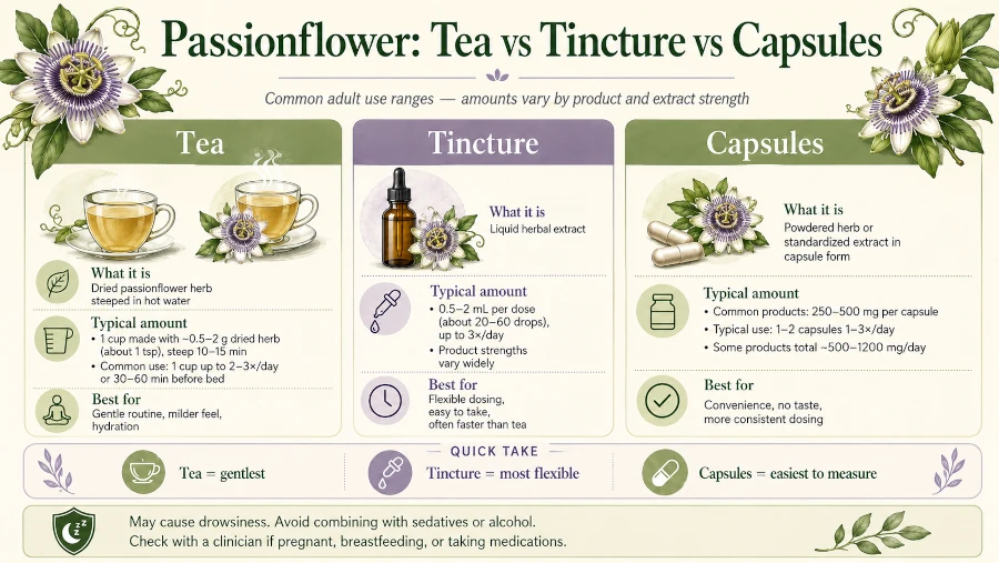 Comparison of passion flower tea, tincture, and capsule forms with typical amounts.