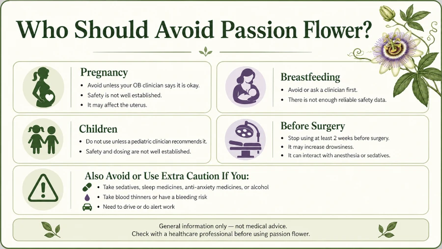 Safety summary of who should avoid passion flower, including pregnancy, breastfeeding, children, and before surgery.