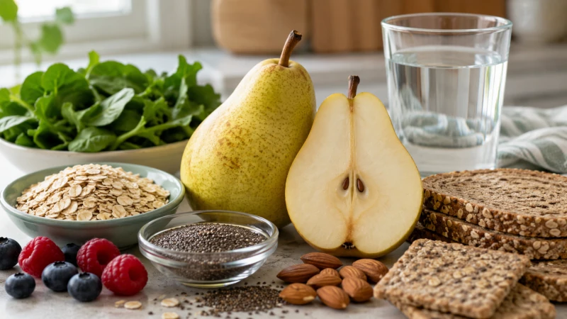Whole pear sliced beside fiber-rich foods and a glass of water