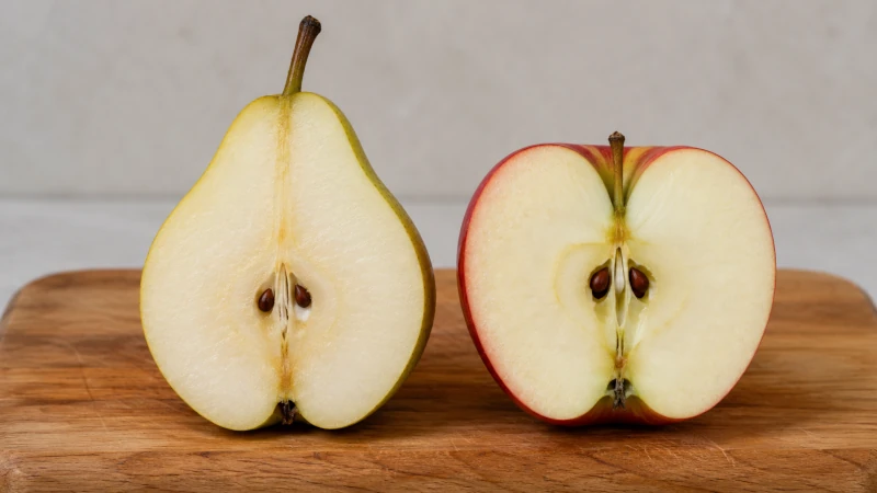 Pear and apple halves side by side on a cutting board