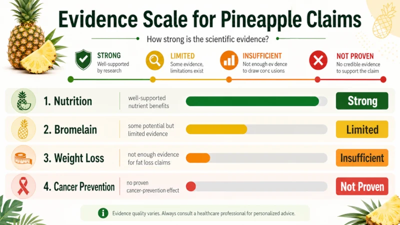 Evidence scale for pineapple health benefits claims: nutrition strong, bromelain limited, weight loss insufficient, cancer prevention not proven