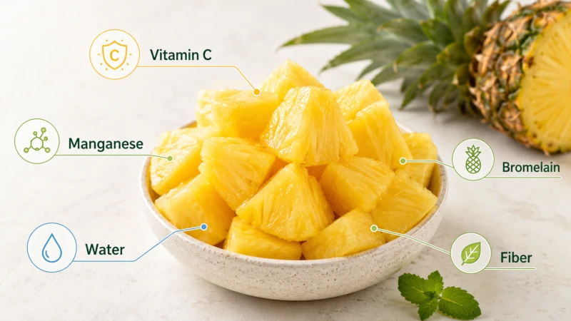Fresh pineapple chunks with simple callouts for vitamin C, manganese, bromelain, water, and fiber