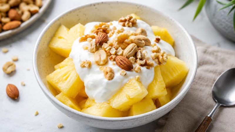 Bowl of pineapple with plain yogurt and nuts as a balanced snack