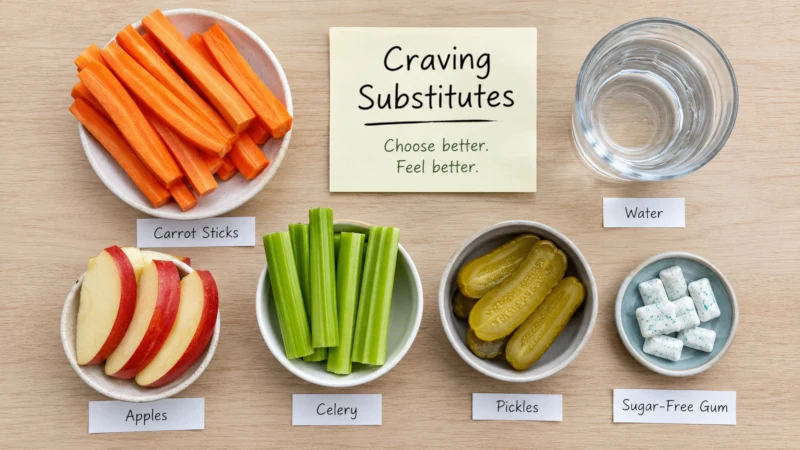 Flat lay of carrot sticks, celery, apples, pickles, sugar-free gum and a glass of water arranged as craving substitutes
