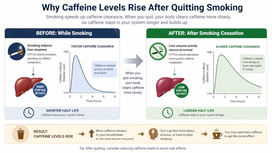 Diagram showing caffeine clearance falling after smoking cessation, causing caffeine levels to rise