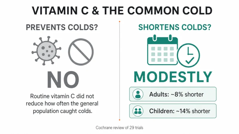 Evidence graphic showing vitamin C does not prevent common colds in the general population but may shorten cold duration.