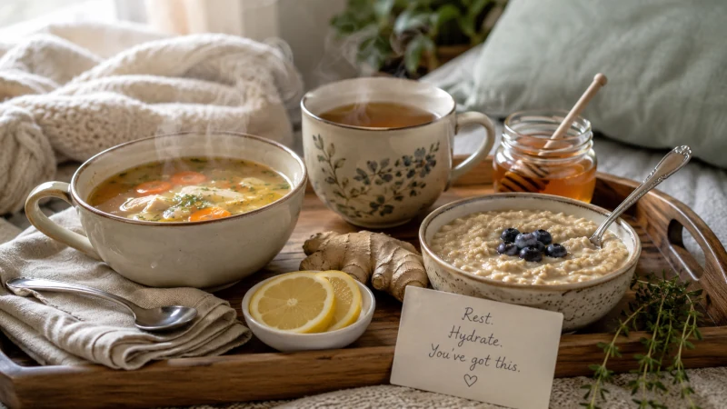foods to eat when sick with bronchitis such as a Tray with broth, herbal tea, honey and oatmeal for bronchitis relief.