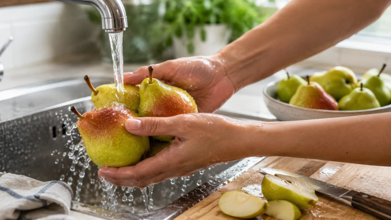 Hands washing pears under running tap water before slicing