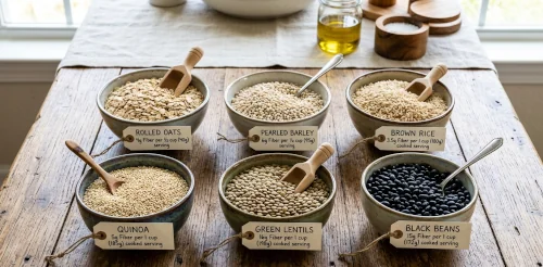 Bowls of oats, barley, brown rice, quinoa, lentils, and black beans with fiber grams per serving labeled.