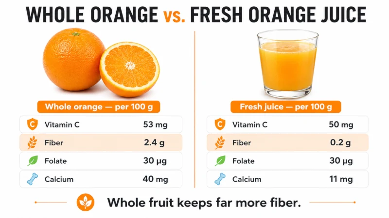 Comparison of whole orange and fresh orange juice showing similar vitamin C but much more fiber in whole fruit.