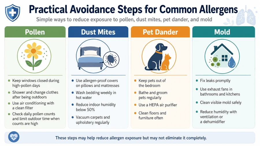 Chart of practical avoidance steps for pollen, dust mites, pet dander, and mold.