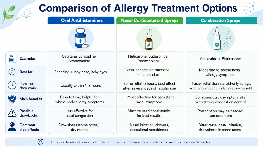 Comparison of oral antihistamines, nasal corticosteroid sprays, and combination sprays.