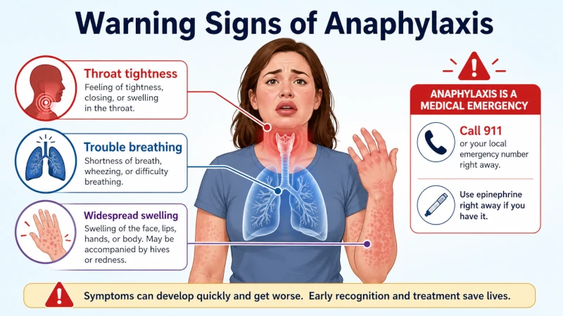 Warning signs of anaphylaxis including throat tightness, trouble breathing, and widespread swelling.