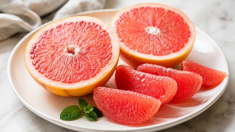 Pink grapefruit halves and segments on a plate