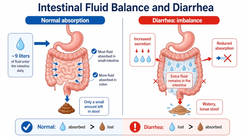 Diagram showing the intestine absorbing about 9 liters of fluid daily and how an imbalance causes diarrhea.