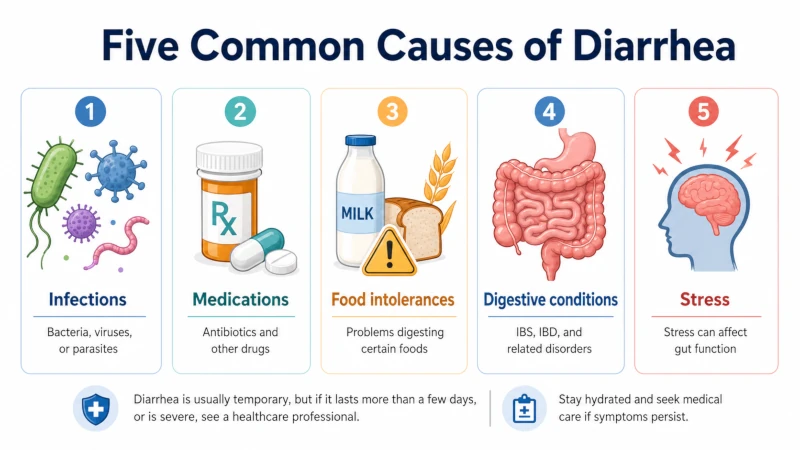 Five common causes of diarrhea: infections, medications, food intolerances, digestive conditions, and stress.