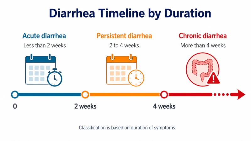 Timeline comparing acute, persistent, and chronic diarrhea by number of weeks.