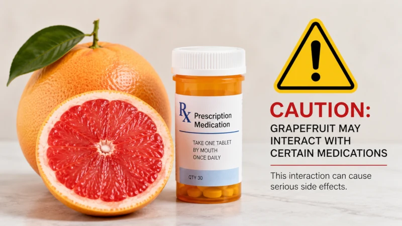 Grapefruit beside medicine bottle with caution symbol