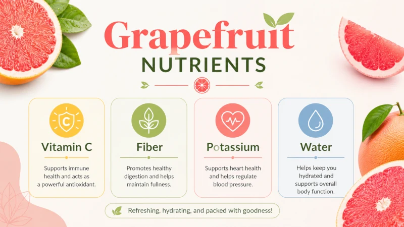 benefits of grapefruit portrayed in a Simple chart listing vitamin C, fiber, potassium, and water as grapefruit nutrients