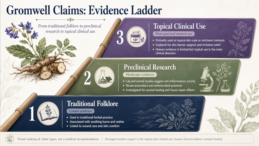 Ladder graphic ranking gromwell health benefits claims from traditional folklore to preclinical research to topical clinical use.