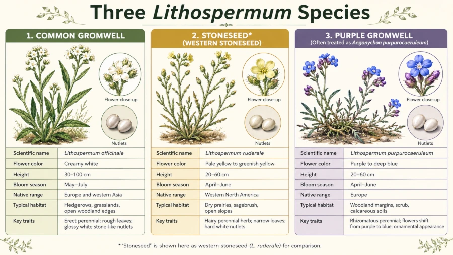 Comparison chart of three Lithospermum species: common gromwell, stoneseed, and purple gromwell.