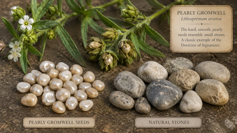Hard pearly gromwell seeds next to small stones, illustrating the doctrine of signatures.
