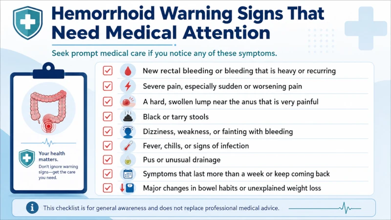 Checklist of hemorrhoid warning signs that require medical attention, including new bleeding and severe pain.