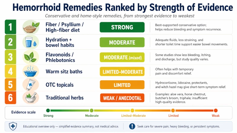 Chart ranking hemorrhoid remedies by strength of evidence, from fiber to traditional herbs.