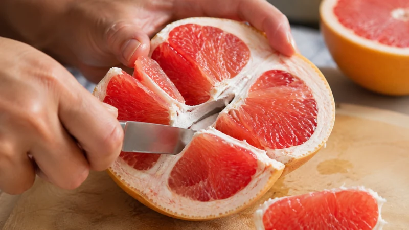 Hands cutting grapefruit into segments while leaving some white membrane