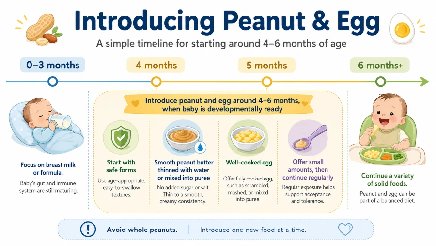 Timeline showing introduction of peanut and egg around four to six months of age.