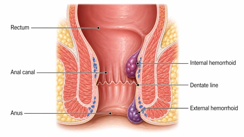 Anatomical diagram showing internal and external hemorrhoids in the anus and rectum.