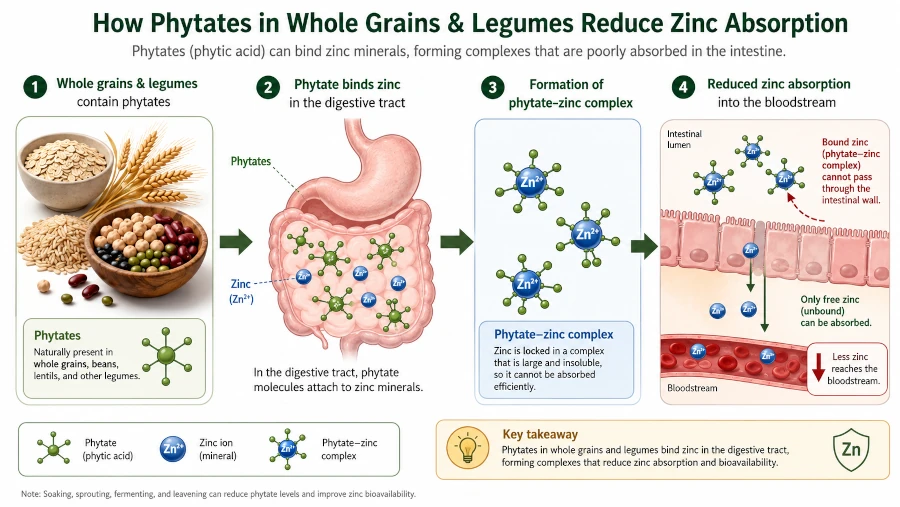 Diagram showing how phytates in whole grains and legumes bind zinc and reduce how much the body absorbs.