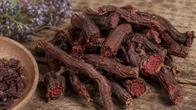 Dark red dried root of purple gromwell (Lithospermum erythrorhizon), source of shikonin.
