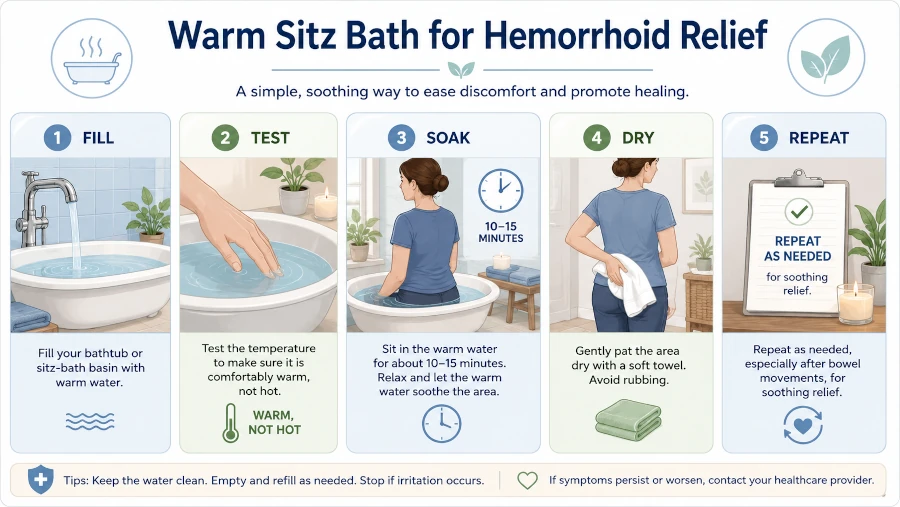 Step-by-step illustration of taking a warm sitz bath for hemorrhoid relief.