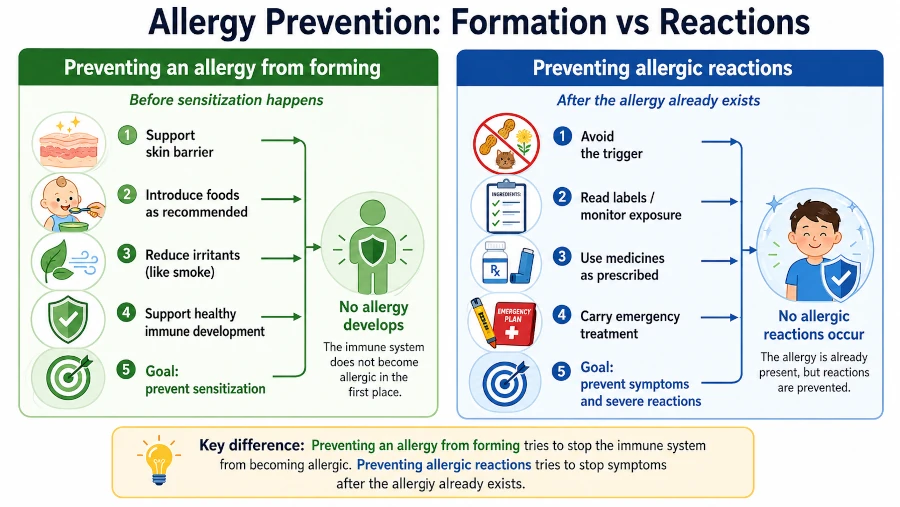 Diagram contrasting how to prevent allergies and allergic reactions.