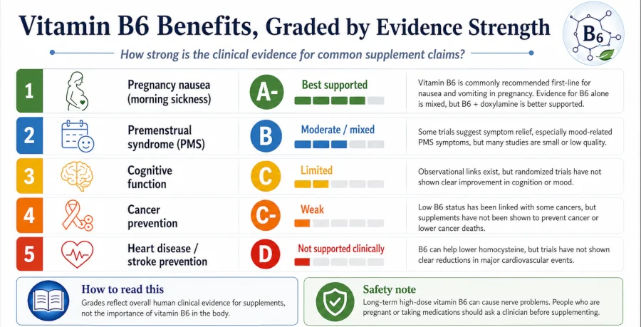 Chart grading vitamin B6 benefits by evidence strength, from pregnancy nausea to heart disease.