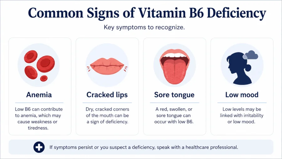 Common signs of vitamin B6 deficiency including anemia, cracked lips, sore tongue and low mood.