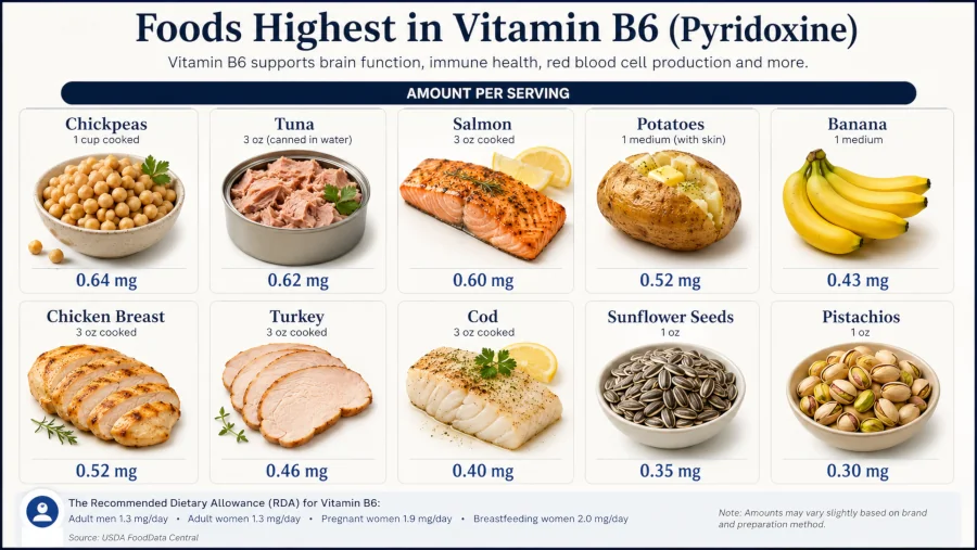 Foods highest in vitamin B6 including chickpeas, tuna, salmon, potatoes and bananas with milligram amounts.