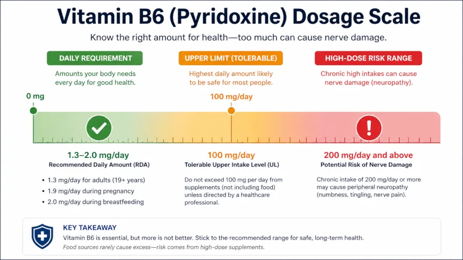 Vitamin B6 dosage scale showing daily requirement, the 100 mg upper limit, and high-dose nerve-damage range.