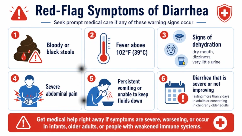 Red-flag symptoms for diarrhea, including bloody stools and fever above 102 degrees Fahrenheit.
