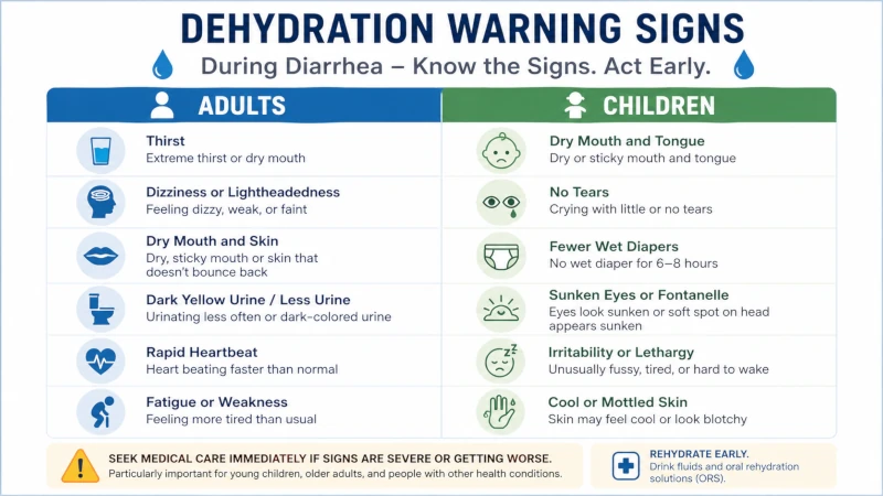 Chart of dehydration warning signs in adults and in children during diarrhea.