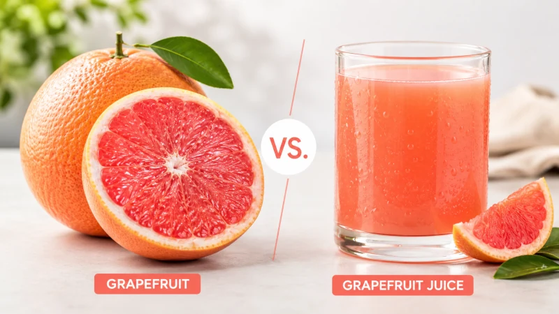 Comparison graphic showing whole grapefruit with pulp beside a glass of grapefruit juice