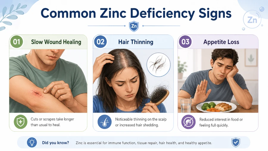Illustrated overview of common zinc deficiency signs, including slow wound healing, hair thinning, and appetite loss