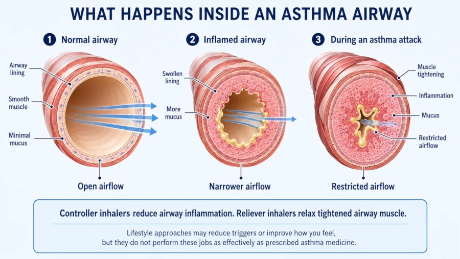 Diagram comparing a normal airway with an inflamed, narrowed airway during an asthma attack