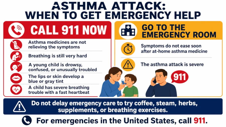 List of asthma warning signs that require calling 911 or going to the emergency room
