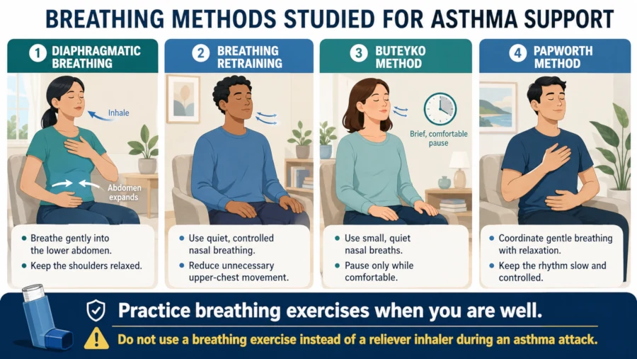 Illustration of diaphragmatic breathing, breathing retraining, Buteyko, and Papworth methods