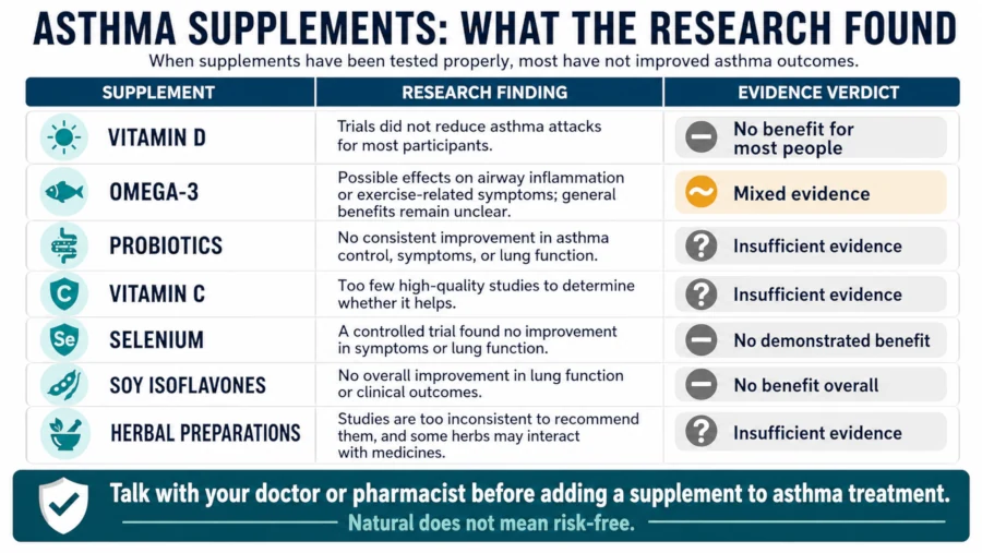 Chart showing evidence findings for vitamin D, omega-3, probiotics, vitamin C, selenium, soy, and herbs in asthma