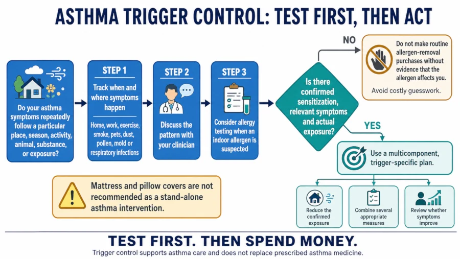 Decision tree showing allergy testing before allergen-removal measures for asthma