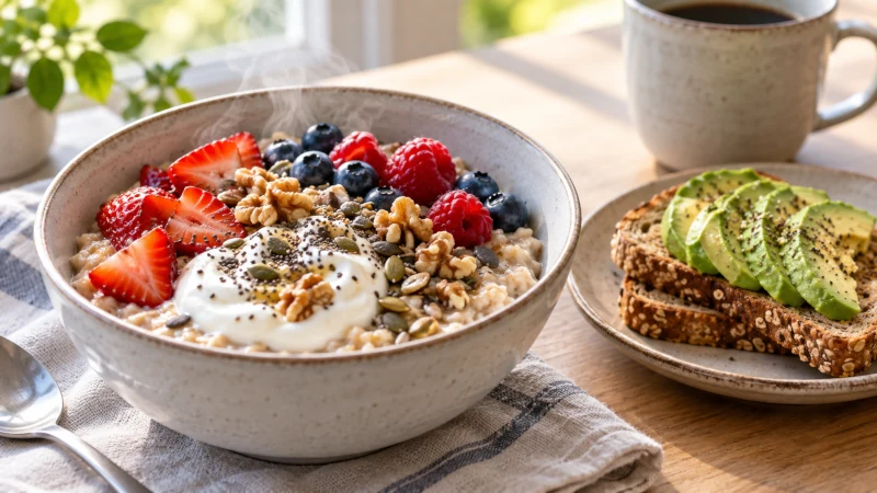 Oatmeal with Greek yogurt, berries, and nuts as a balanced meal combination