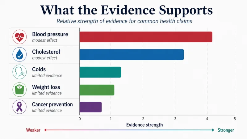 Chart showing stronger evidence for modest blood pressure and cholesterol effects and weaker evidence for colds, cancer prevention, and weight loss.